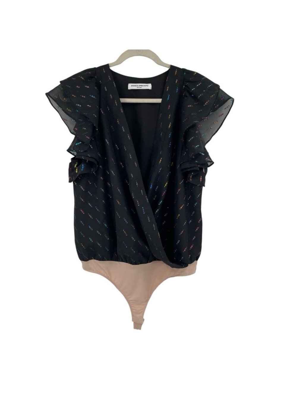 Amanda Uprichard Sycamore Black Multicolor Metallic Flutter Sleeve Bodysuit Sz M